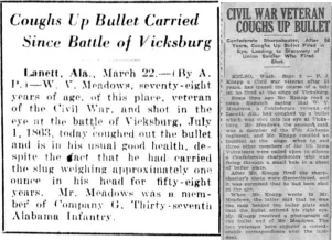 A Confederate soldier survived a head shot and spit the bullet out 58 years later