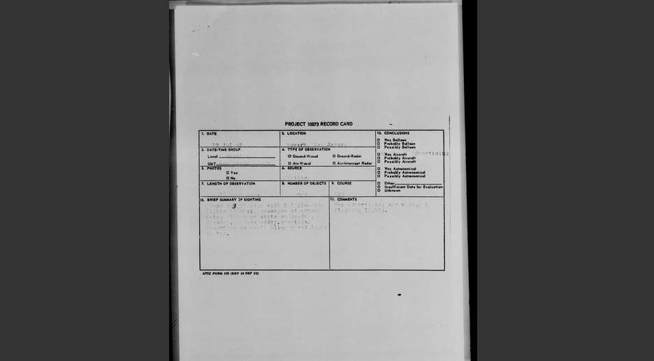 Case file from a series of sanitized case files on sightings of unidentified flying objects (UFOs) of Project Blue Book, the U.S. Air Force investigation into UFOs sighted between June 1947 and December 1969.