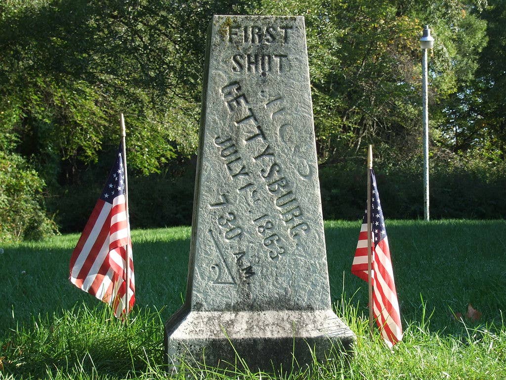 Marker commemorating the first shot fired at the Battle of Gettysburg at 7:30 am on July 1, 1863, by Lt. Marcellus Jones.