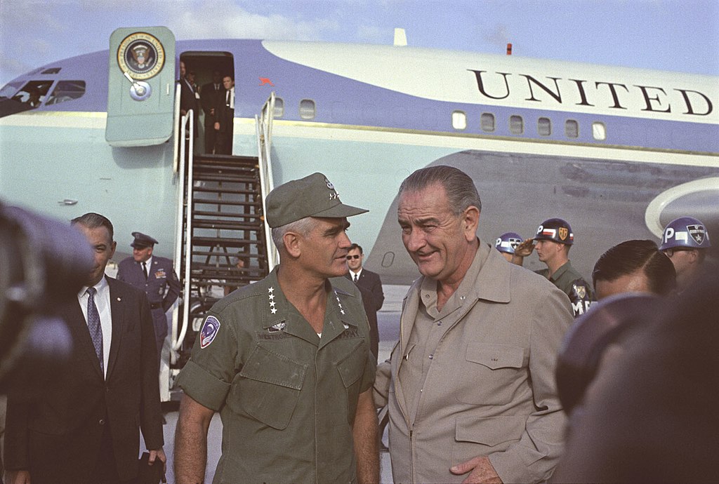 William Westmoreland and President Lyndon B. Johnson at Cam Ranh Air Base, 23 December 1967.