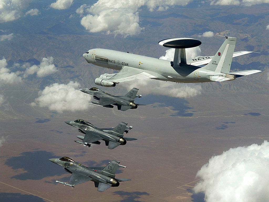 NATO E-3A flying with United States Air Force F-16 Fighting Falcons in a NATO exercise.