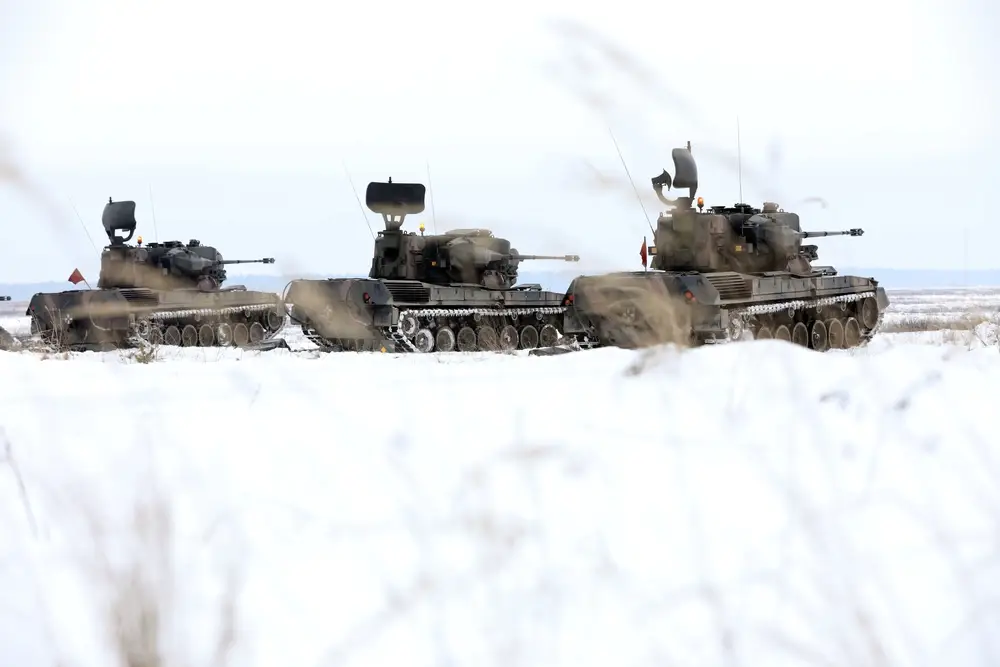 <em>Romanian Gepards assembled on a firing line (U.S. Army)</em>