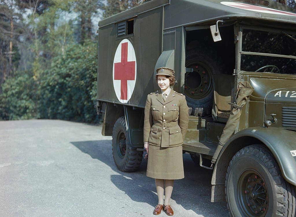 <em>Princess Elizabeth in the Auxiliary Territorial Service, April 1945</em>.