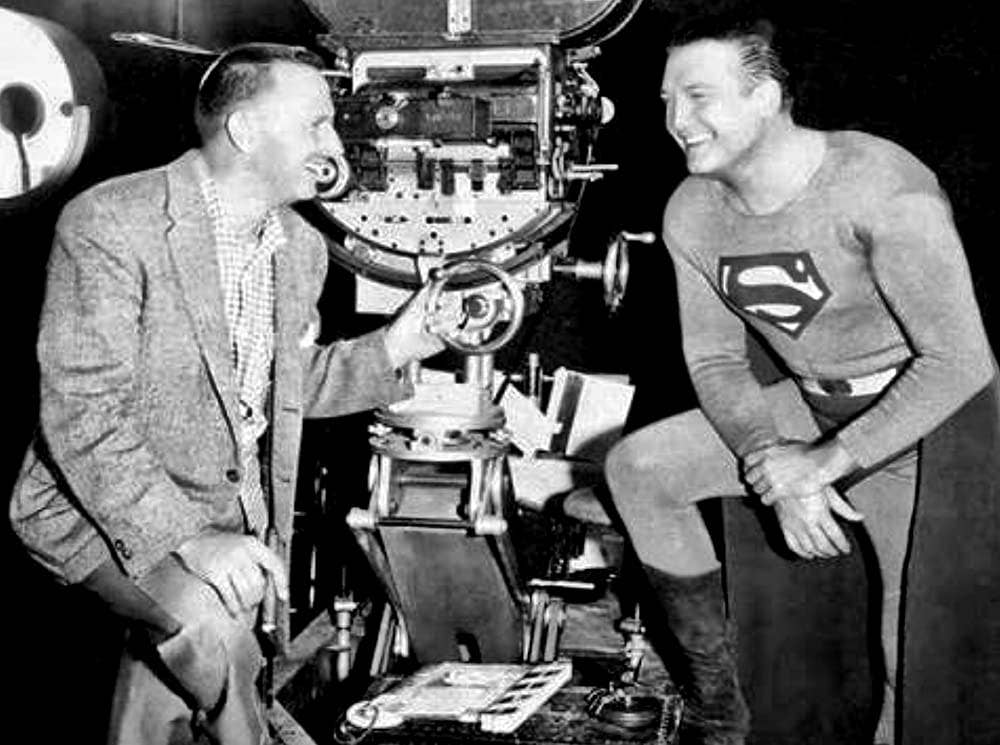 Biroc and George Reeves on the set of the <em>Adventures of Superman</em>. Photo courtesy of imdb.com.