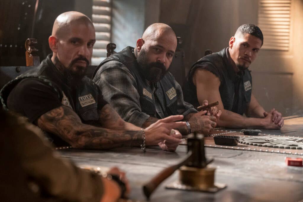 MAYANS M.C. -- "The Orneriness of Kings" -- Season 3, Episode 2  (Airs March 16)  Pictured: Joseph Lucero as Neron "Creeper" Vargas, Vincent Rocco Vargas as Gilberto "Gilly" Lopez, JD Pardo as EZ Reyes. CR: Prashant Gupta/FX