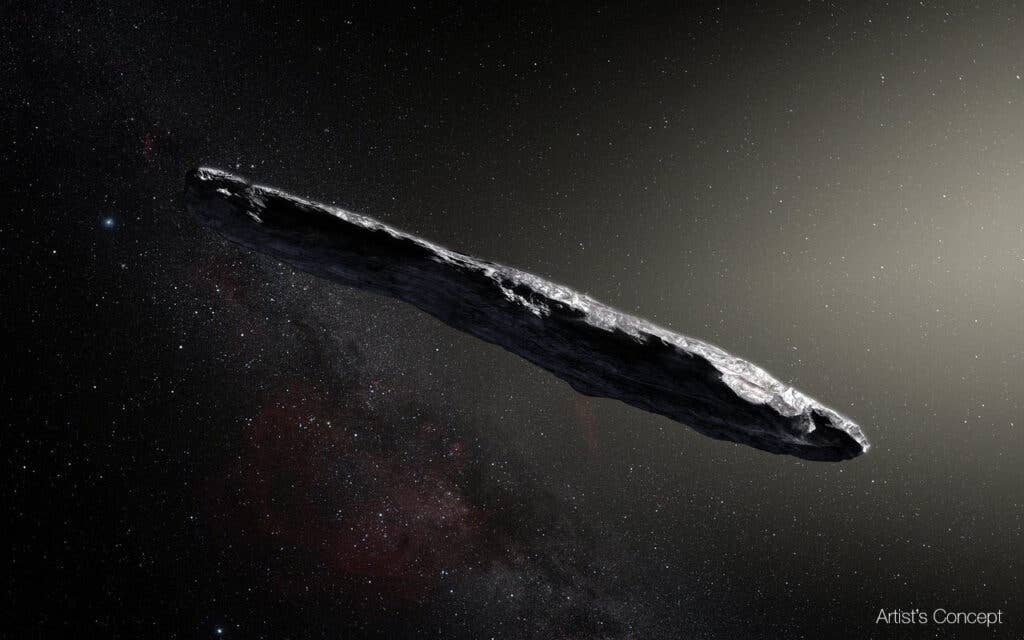<em>An artist's concept of Oumuamua (European Southern Observatory/M. Kornmesser)</em>