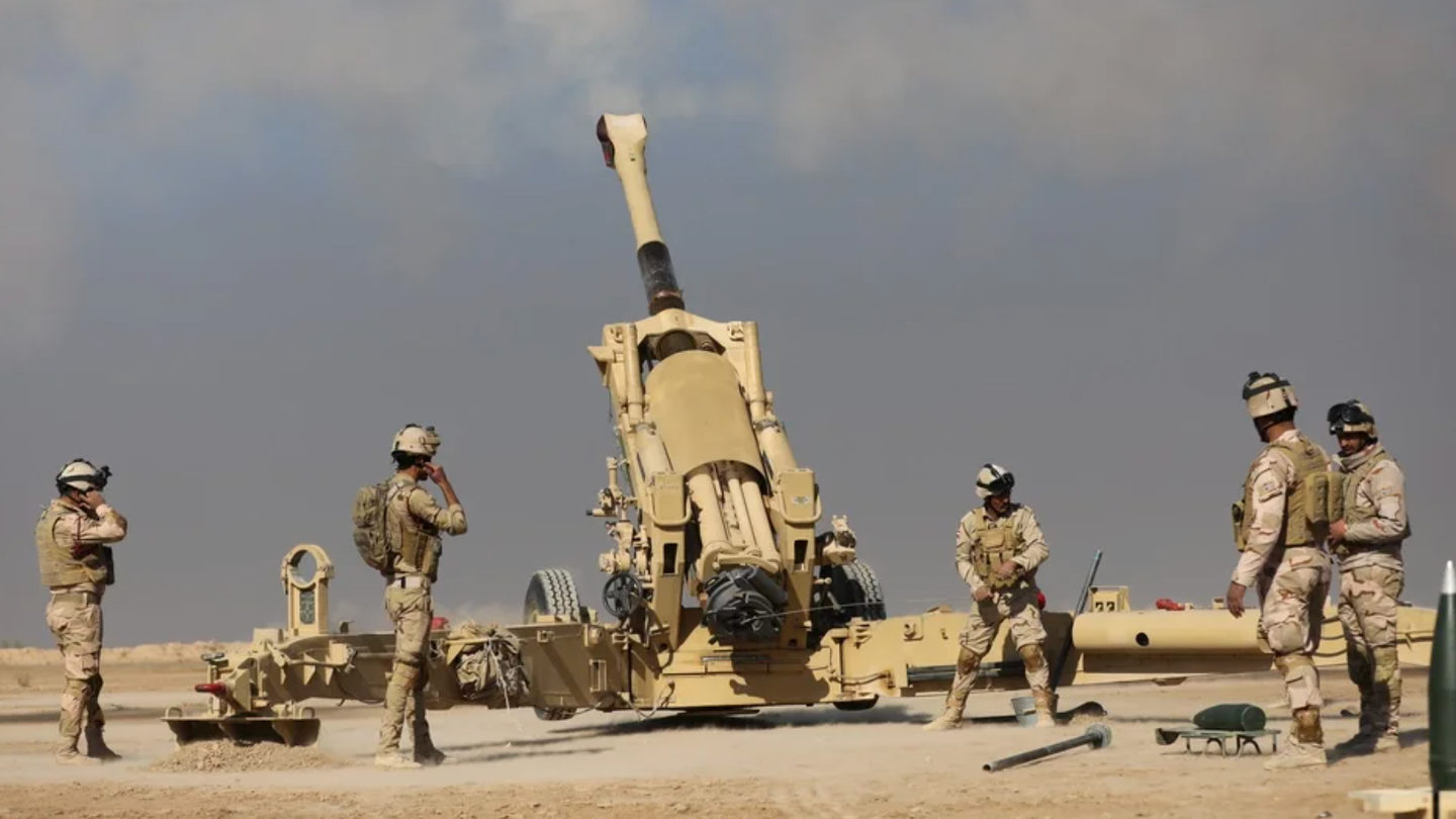 Although unspecified, the towed 155mm howitzers are likely M198s which were previously provided to the Iraqi military (U.S. Army)