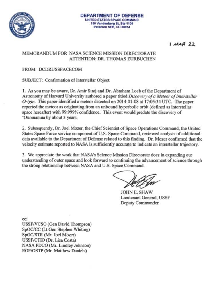 <em>The official Space Command memo confirming the interstellar object (U.S. Space Command)</em>
