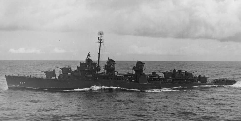 <em>USS </em>The Sullivans<em> off Ponape in the Western Pacific c. 1944 (U.S. Navy)</em>