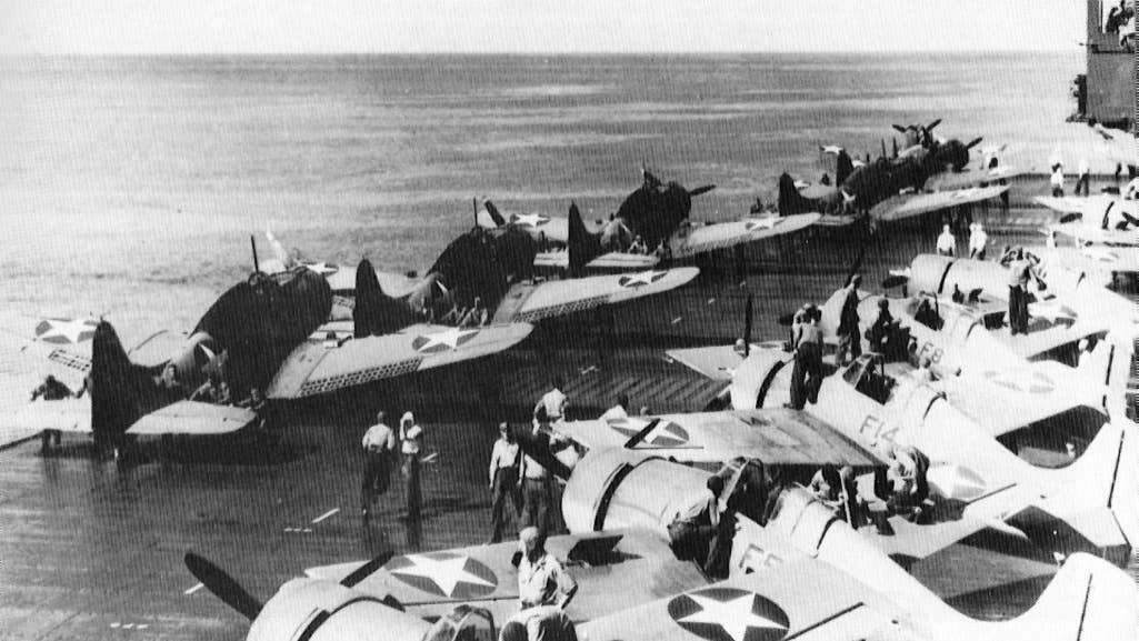 The flight deck of USS Enterprise on May 15, 1942: The first SBD is either Best's ("B-1") or that of the CO of VS-6 ("S-1").