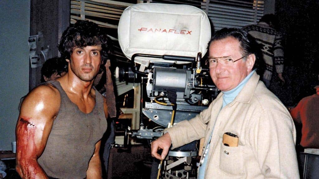 Sylvester Stallone and Andrew Laszlo on the set of <em>First Blood</em>. Photo courtesy of imdb.com.