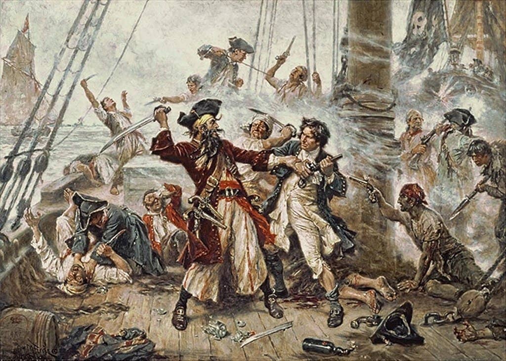 Capture of the Pirate, Blackbeard, 1718 depicting the battle between Blackbeard the Pirate and Lieutenant Maynard in Ocracoke Bay.