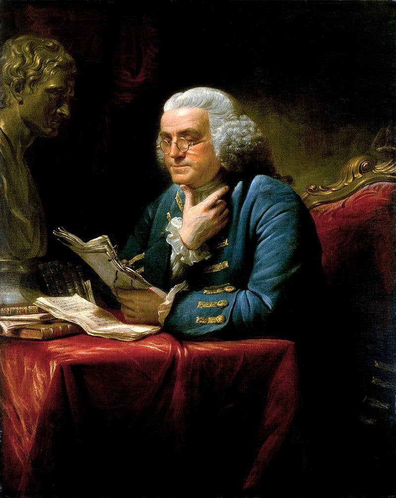 Benjamin Franklin in London, 1767. Painting by <a href="https://en.wikipedia.org/wiki/David_Martin_(artist)">David Martin</a>, displayed in the <a href="https://en.wikipedia.org/wiki/White_House">White House</a>.