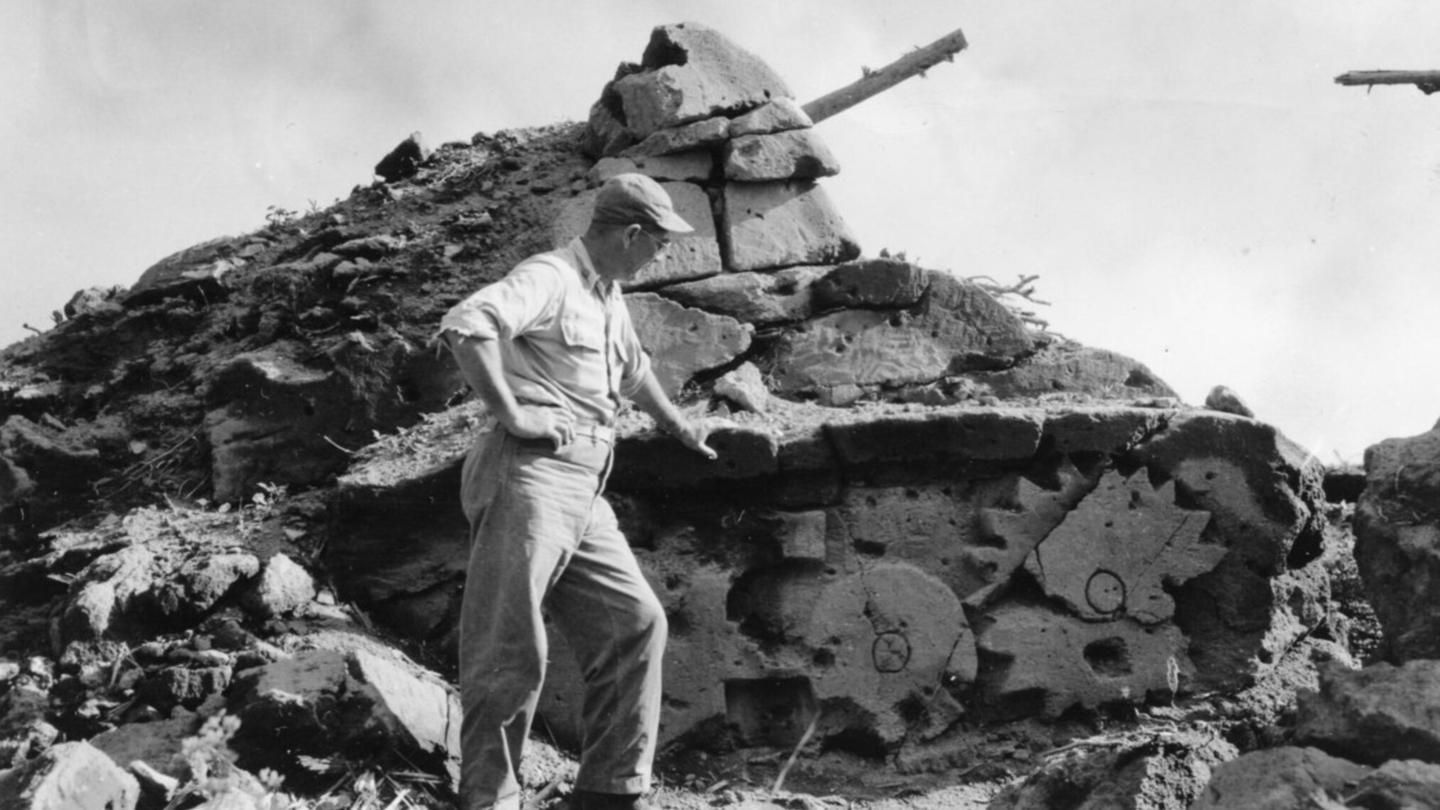 This dummy tank was carved from volcanic stone on the island of Iwo Jima in 1945, as World War II drew to a close. National Archives.
