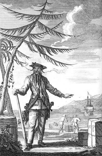 Blackbeard (c. 1736 engraving used to illustrate Johnson's <em><a href="https://en.wikipedia.org/wiki/A_General_History_of_the_Pyrates">General History</a></em>).
