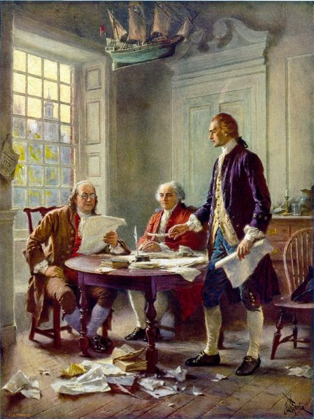 <em>Writing the Declaration of Independence, 1776</em>, an idealized depiction of Franklin, Adams, and Jefferson <a href="https://en.wikipedia.org/wiki/Committee_of_Five">working on the Declaration</a> was widely reprinted (by <a href="https://en.wikipedia.org/wiki/Jean_Leon_Gerome_Ferris">Jean Leon Gerome Ferris</a>, 1900). Wikimedia Commons.