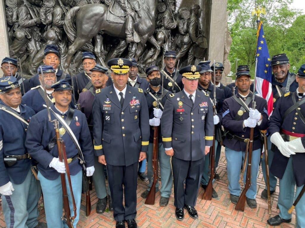<em>Lt. Gen. Gary Brito, and Brig. Gen. Thomas Stewart with members of the 54th Massachusetts Volunteer Regiment ceremonial unit (U.S. Army)</em>