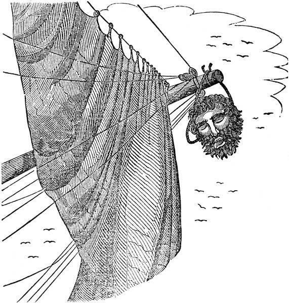 Edward Teach's severed head hangs from Maynard's bowsprit, as pictured in Charles Elles's <em>The Pirates Own Book</em> (1837).