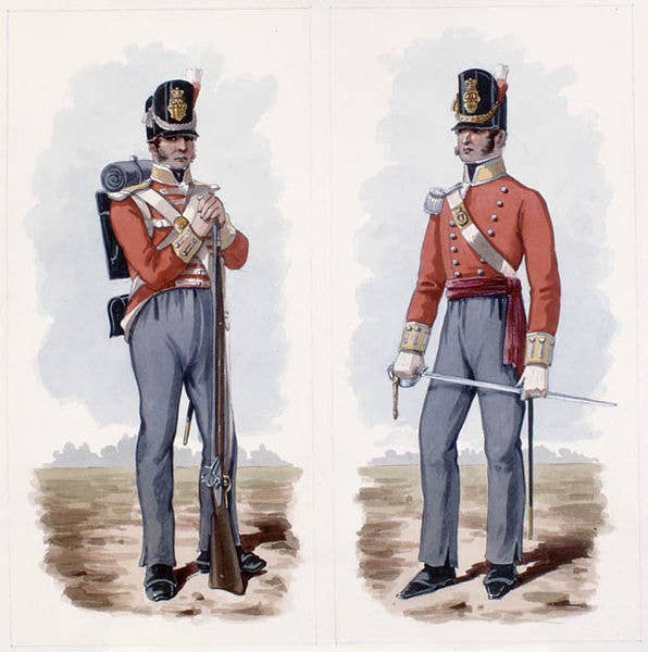 Depiction of a British private soldier (left) and officer (right) of the period.