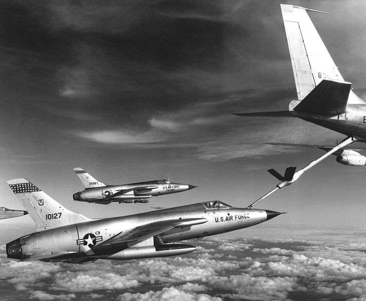 F-105D Thunderchiefs refueling from a <a href="https://en.wikipedia.org/wiki/Boeing_KC-135">Boeing KC-135</a> tanker.