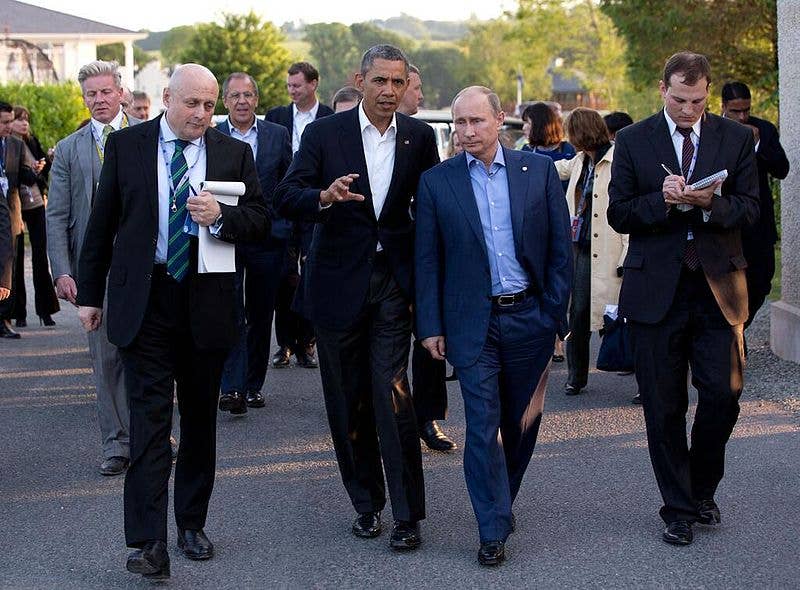 United States President Barack Obama and Russian President Vladimir Putin walk to the G8 Summit dinner following their bilateral meeting in Northern Ireland on 17 June 2013. (Wikipedia)