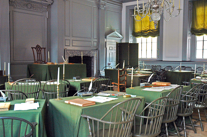 The Assembly Room, in which the United States Declaration of Independence and Constitution were drafted and signed, at <a href="https://commons.wikimedia.org/wiki/Independence_Hall">Independence Hall</a> in <a href="https://commons.wikimedia.org/wiki/Philadelphia,_Pennsylvania">Philadelphia, Pennsylvania</a>. (Wikipedia)