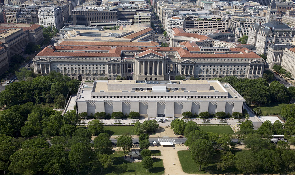 Aerial view of the National Museum of American History, located on the National Mall in Washington, D.C. The Andrew W. Mellon Auditorium, among other buildings in the Federal Triangle, is visible in the background. (Library of Congress)