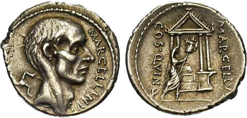 212–210 BC coin of Marcellus, celebrating his conquest of Sicily.
