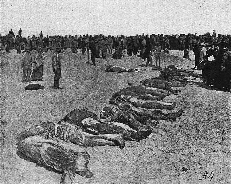 Corpses of victims of the winter 1918 Red Terror in Evpatoria, dumped by Bolshevists executers in the Black sea, but washed ashore by tides and waves in summer days of 1918.