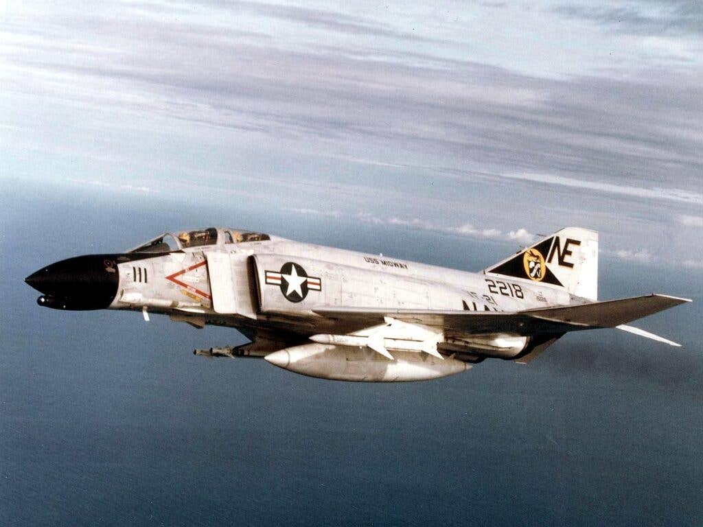 <em>An F-4B Phantom II from VF-21 aboard the </em>Midway<em> over Vietnam in 1965 (U.S. Navy)</em>