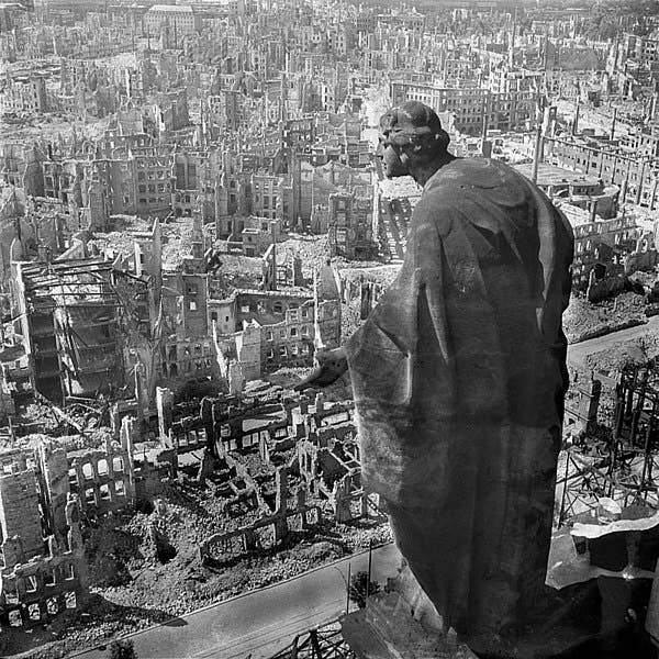 <a href="https://en.wikipedia.org/wiki/Dresden">Dresden</a> from the <em>Rathaus</em> (city hall) in 1945, showing destruction.