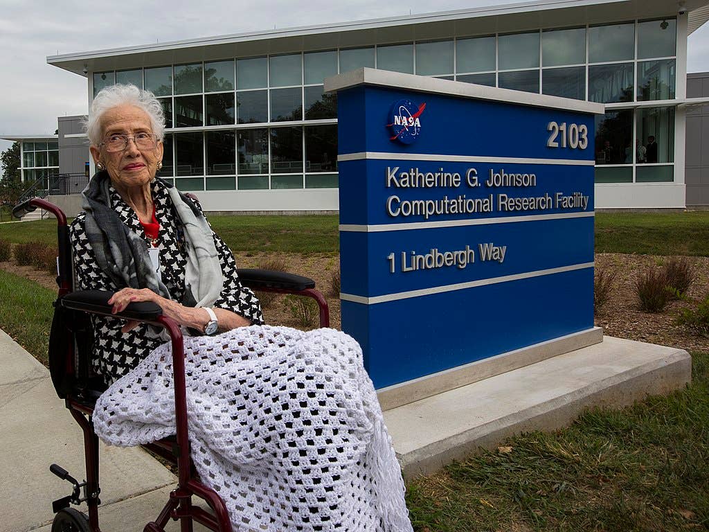 Katherine Johnson in front of the Katherine G. Johnson Computational Research Facility. (NASA)