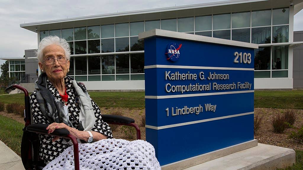 Katherine Johnson in front of the Katherine G. Johnson Computational Research Facility. (NASA)