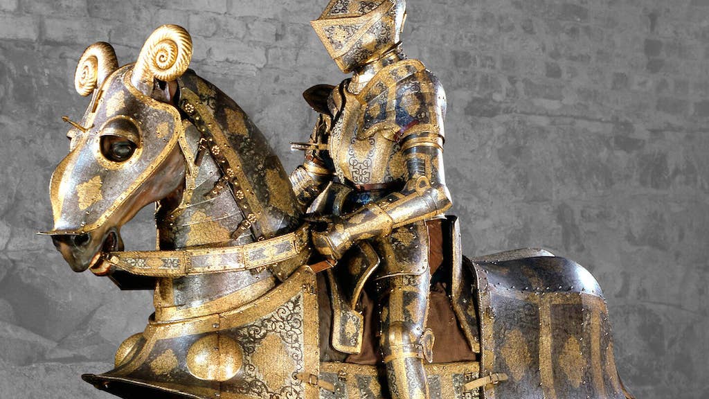 Full plate armour for man and horse commissioned by Sigismund II Augustus Livrustkammaren in Stockholm Sweden (1550s).