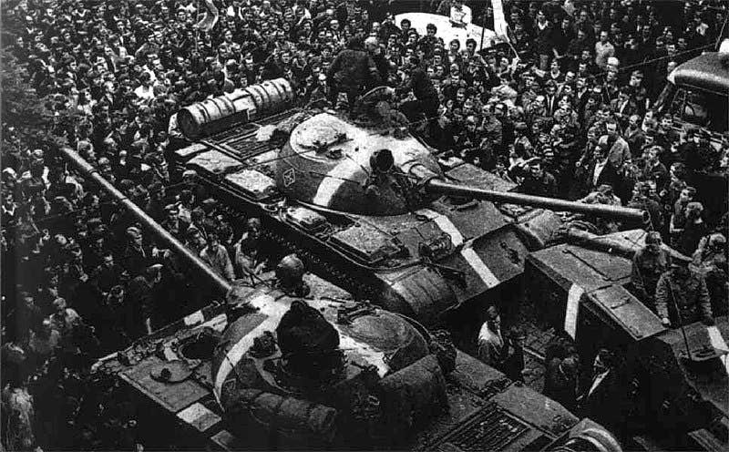 Soviet tanks, marked with white crosses to distinguish them from Czechoslovak tanks, on the streets of <a href="https://en.wikipedia.org/wiki/Prague">Prague</a> during the <a href="https://en.wikipedia.org/wiki/Warsaw_Pact_invasion_of_Czechoslovakia">Warsaw Pact invasion of Czechoslovakia</a>, 1968.