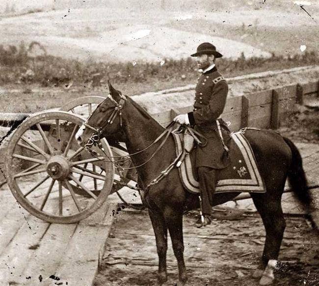 Sherman on horseback at Federal Fort No. 7, after the Atlanta Campaign, September 1864.