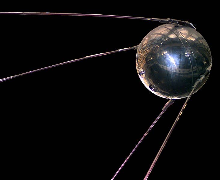 Replica of the first artificial satellite <em><a href="https://en.wikipedia.org/wiki/Sputnik_1">Sputnik 1</a></em>, 1957.