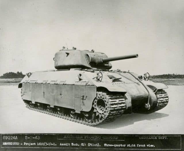 <em>The T14 at Aberdeen Proving Grounds. Note the more aggressively sloped armor compared to the Sherman (U.S. Army)</em>