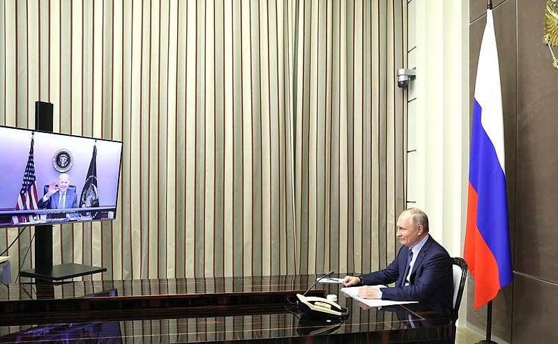 President of Russia Vladimir Putin meeting with US President Joseph Biden (via videoconference). (Presidential Executive Office of Russia)