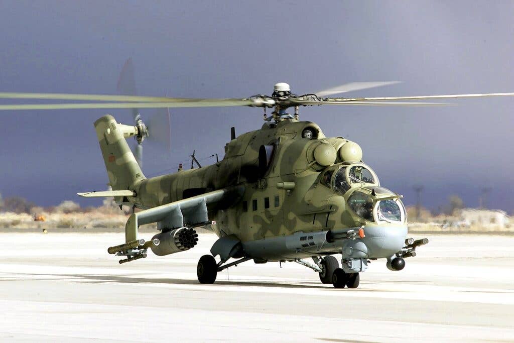 <em>An American Mi-24P Hind used to realistically simulate an opposing force (U.S. Air Force)</em>