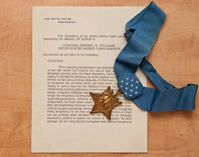 <em>Williams' Medal of Honor and citation on display (Pritzker Military Museum &amp; Library)</em>