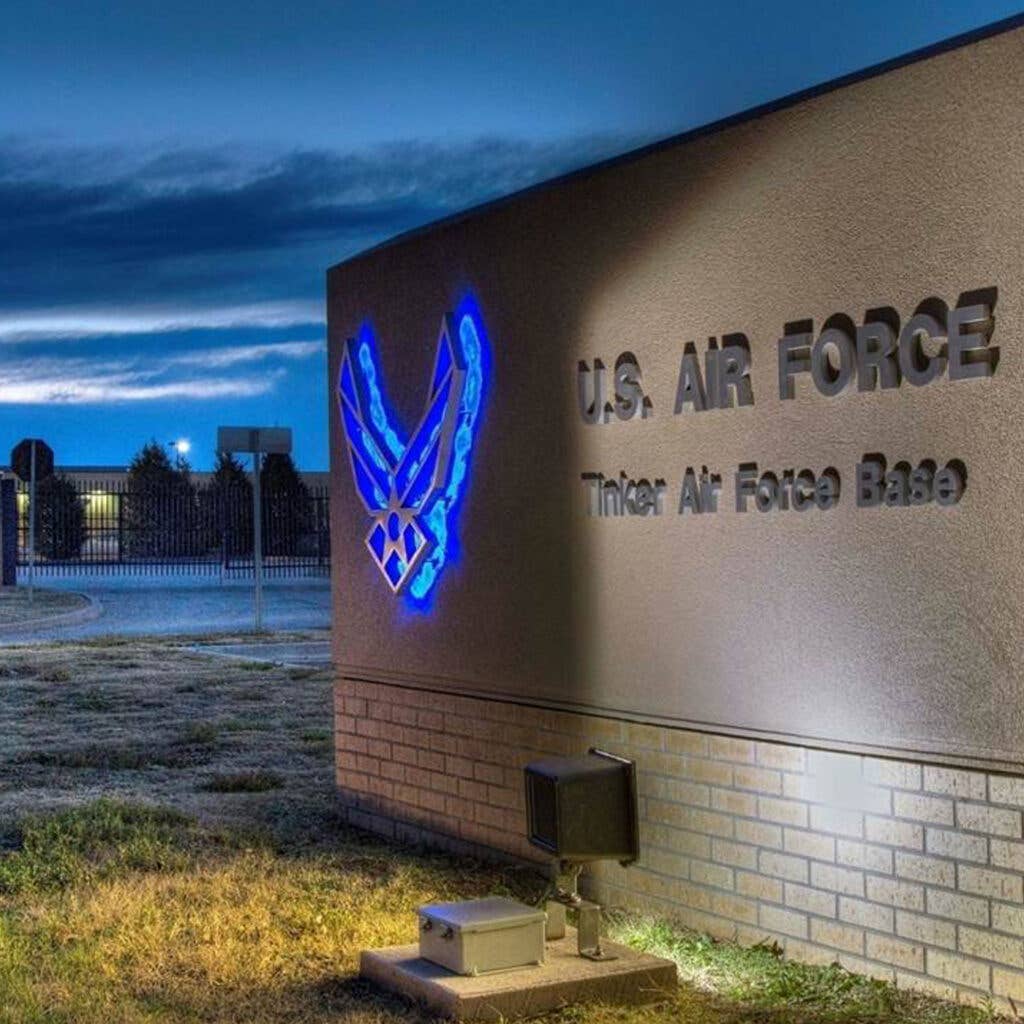 Tinker Air Force Base gate at night