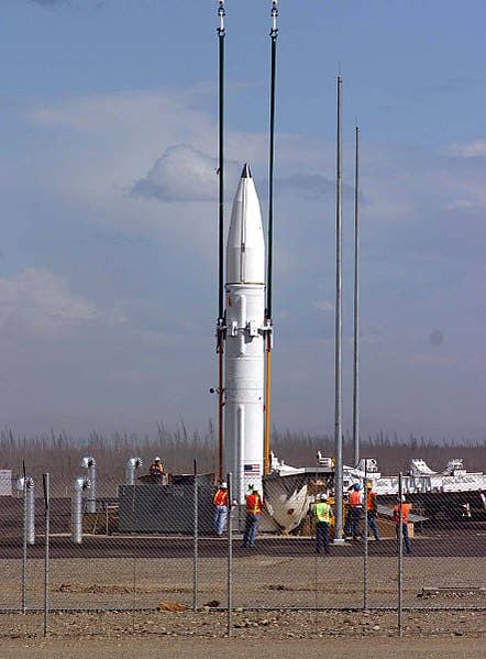 A <a href="https://en.wikipedia.org/wiki/Ground-Based_Interceptor">Ground-Based Interceptor</a>, designed to destroy incoming <a href="https://en.wikipedia.org/wiki/ICBM">ICBMs</a>, is lowered into its <a href="https://en.wikipedia.org/wiki/Missile_silo">silo</a> at the missile defense complex at Fort Greely, July 22, 2004.