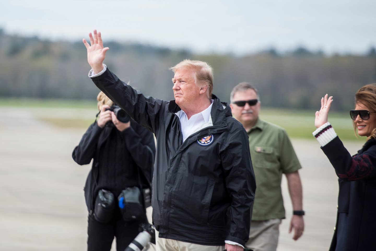 FORT BENNING, Ga. – President Donald J. Trump and first lady Melania Trump landed at Lawson Army Airfield March 8 in Air Force One before flying in Marine One to Lee County, Alabama, where March 3 storms and tornadoes killed 23 people and caused major damage.  Before departing to Alabama, the president met with Maj. Gen. Gary M. Brito, the Maneuver Center of Excellence and Fort Benning commanding general, and with Georgia Governor Brian Kemp on the airfield flightline. (U.S. Army photo by Patrick Albright, Maneuver Center of Excellence, Fort Benning Public Affairs)
