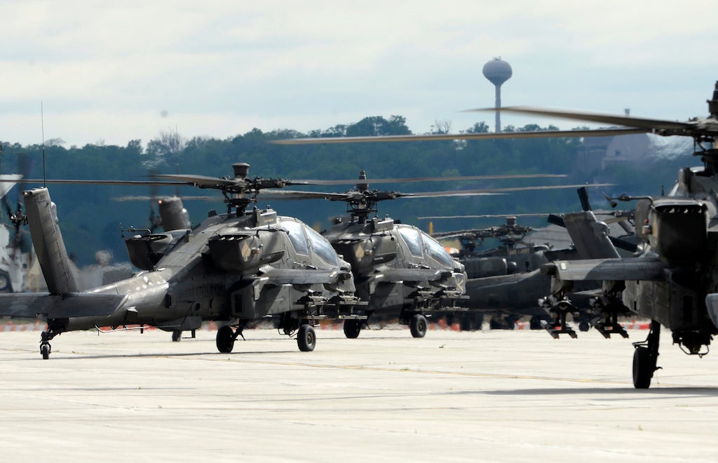 U.S. Army AH-64 Apache helicopters from the 4th Infantry Division's 4th Combat Aviation Brigade used Wright-Patterson Air Force Base