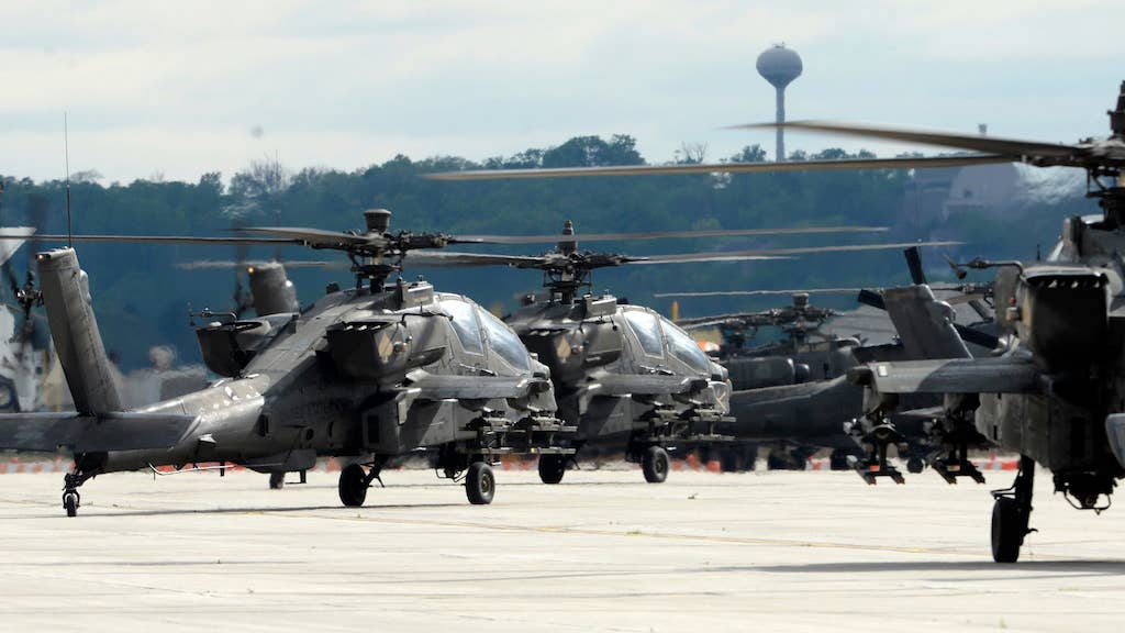 U.S. Army AH-64 Apache helicopters from the 4th Infantry Division's 4th Combat Aviation Brigade used Wright-Patterson Air Force Base