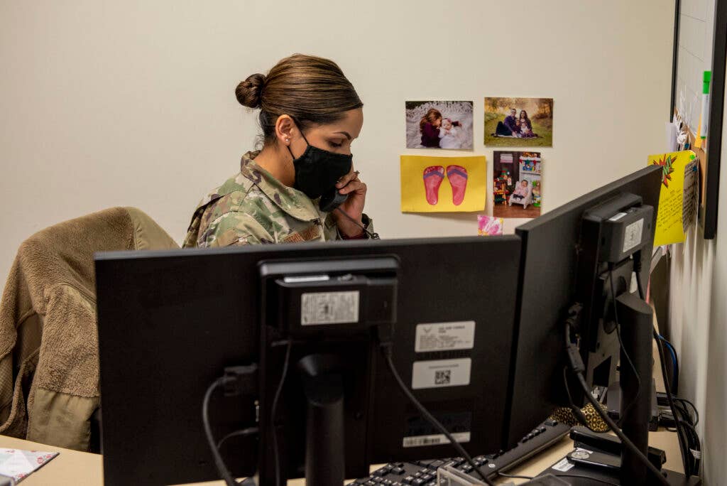 Tech. Sgt. Eileen Otero-Nicholas, 4th Operational Medical Readiness Squadron NCO in charge, performs contact tracing for COVID-19 at Seymour Johnson Air Force Base, North Carolina, Jan. 5, 2022. Otero-Nicholas' responsibility as the COVID-19 subject matter expert is to contact trace and stop the spread of the virus. (U.S. Air Force photo Airman 1st Class Sabrina Fuller)