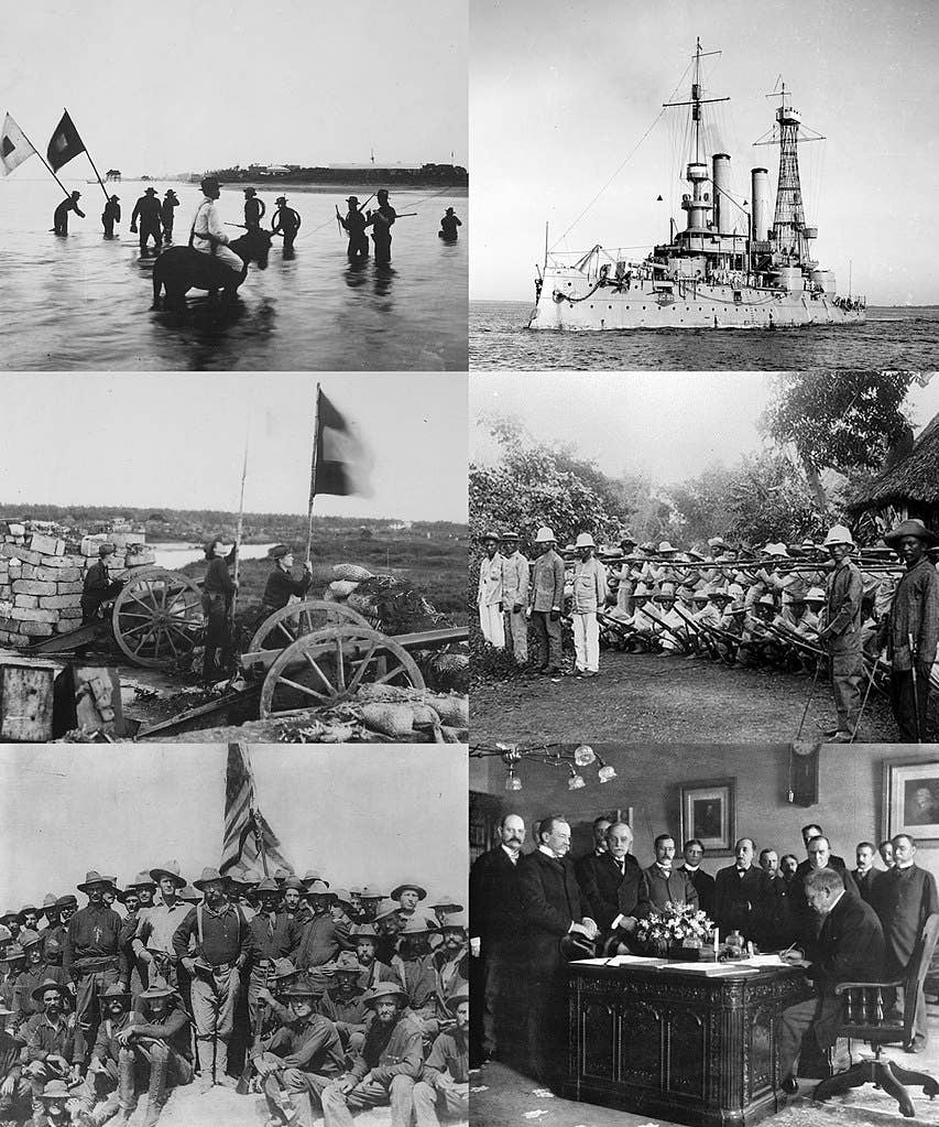 (Clockwise from top left) Signal Corps extending telegraph lines USS <em>Iowa</em> Filipino soldiers wearing Spanish pith helmets outside Manila The Spanish signing the Treaty of Paris Roosevelt and his Rough Riders at San Juan Hill Replacing of the Spanish flag at Fort San Antonio Abad (Fort Malate). (Wikipedia)