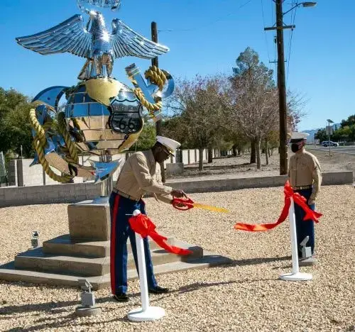 <em>MCLB Barstow also erected a Route 66 EGA statue on base (U.S. Marine Corps)</em>
