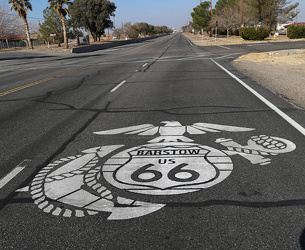 <em>The Route 66 EGA shield on Joseph L. Boll Ave., historic Route 66 (U.S. Marine Corps/Laurie Pearson)</em>